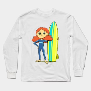 girl dressed in a swimming suit with a surfboard on the water Long Sleeve T-Shirt